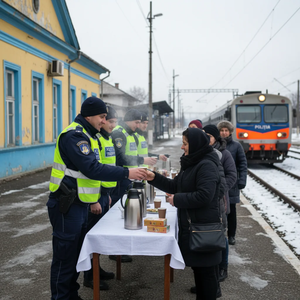 Acțiune umanitară în Slobozia: polițiștii de la Transporturi Ialomița au oferit ceai cald călătorilor în stația CFR Slobozia Veche