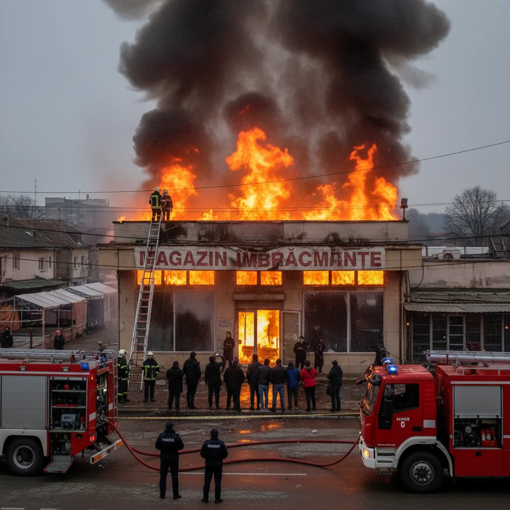 Magazin de îmbrăcăminte distrus de incendiu în zona Bazar din Slobozia